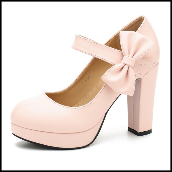 Shoes - Platform Mary Jane Pumps with Bow 3.94 Inch Block Heel Elegant Wedding Shoes